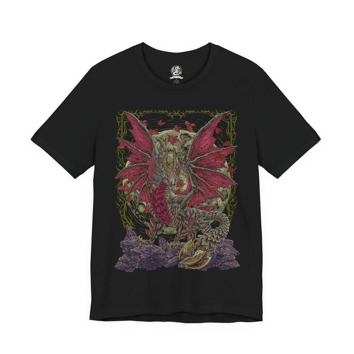 Image 4 of a T-Shirt design of Malzeno from Monster Hunter Rise: Sunbreak, standing majestically within the ruins of its gothic castle as crimson energy and Qurio surround its pale body. The Elder Dragon spreads its enormous wings while dark mist and red particles fill the battlefield. The design captures Malzeno's elegant appearance, vampiric themes, and terrifying control over the Qurio.