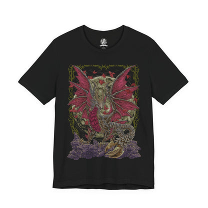 Image 4 of a T-Shirt design of Malzeno from Monster Hunter Rise: Sunbreak, standing majestically within the ruins of its gothic castle as crimson energy and Qurio surround its pale body. The Elder Dragon spreads its enormous wings while dark mist and red particles fill the battlefield. The design captures Malzeno's elegant appearance, vampiric themes, and terrifying control over the Qurio.