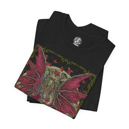 Image 5 of a T-Shirt design of Malzeno from Monster Hunter Rise: Sunbreak, standing majestically within the ruins of its gothic castle as crimson energy and Qurio surround its pale body. The Elder Dragon spreads its enormous wings while dark mist and red particles fill the battlefield. The design captures Malzeno's elegant appearance, vampiric themes, and terrifying control over the Qurio.
