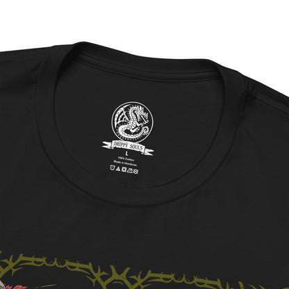 Folded T-Shirt design of Malzeno from Monster Hunter Rise: Sunbreak, standing majestically within the ruins of its gothic castle as crimson energy and Qurio surround its pale body. The Elder Dragon spreads its enormous wings while dark mist and red particles fill the battlefield. The design captures Malzeno's elegant appearance, vampiric themes, and terrifying control over the Qurio.