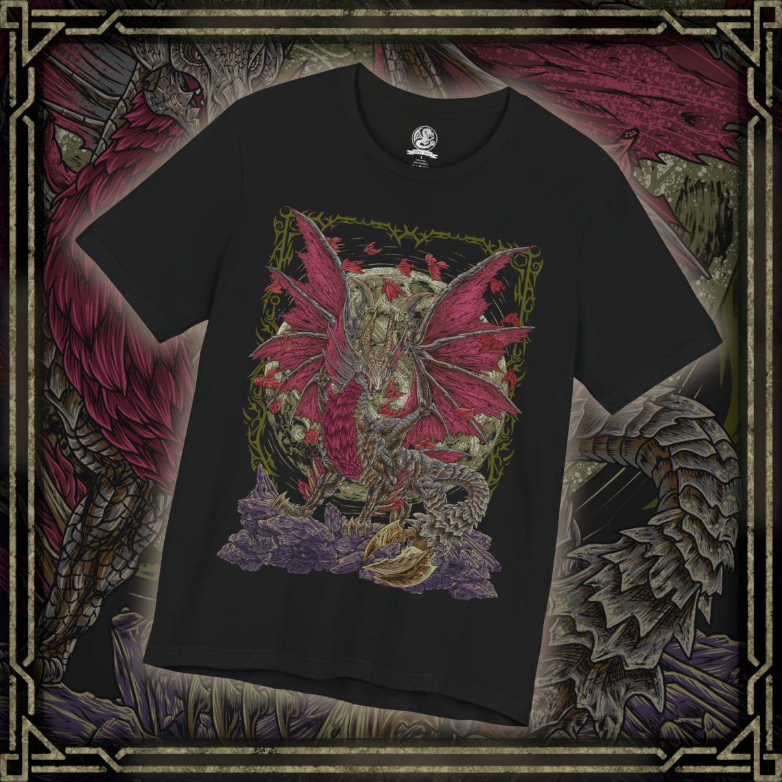 Thumbnail of a T-Shirt design of Malzeno from Monster Hunter Rise: Sunbreak, standing majestically within the ruins of its gothic castle as crimson energy and Qurio surround its pale body. The Elder Dragon spreads its enormous wings while dark mist and red particles fill the battlefield. The design captures Malzeno's elegant appearance, vampiric themes, and terrifying control over the Qurio.