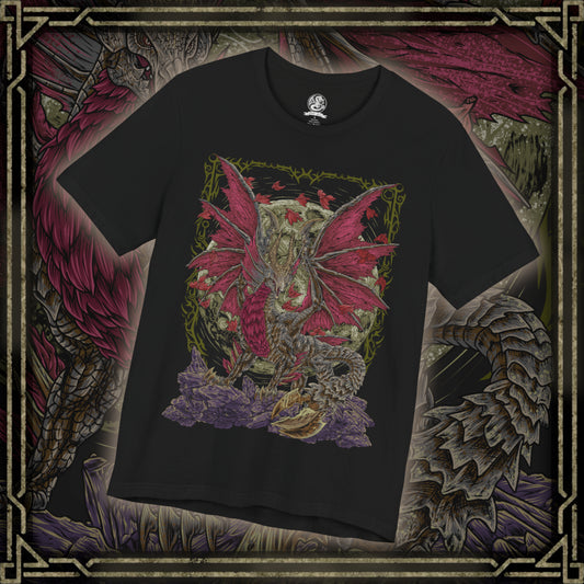 Thumbnail of a T-Shirt design of Malzeno from Monster Hunter Rise: Sunbreak, standing majestically within the ruins of its gothic castle as crimson energy and Qurio surround its pale body. The Elder Dragon spreads its enormous wings while dark mist and red particles fill the battlefield. The design captures Malzeno's elegant appearance, vampiric themes, and terrifying control over the Qurio.