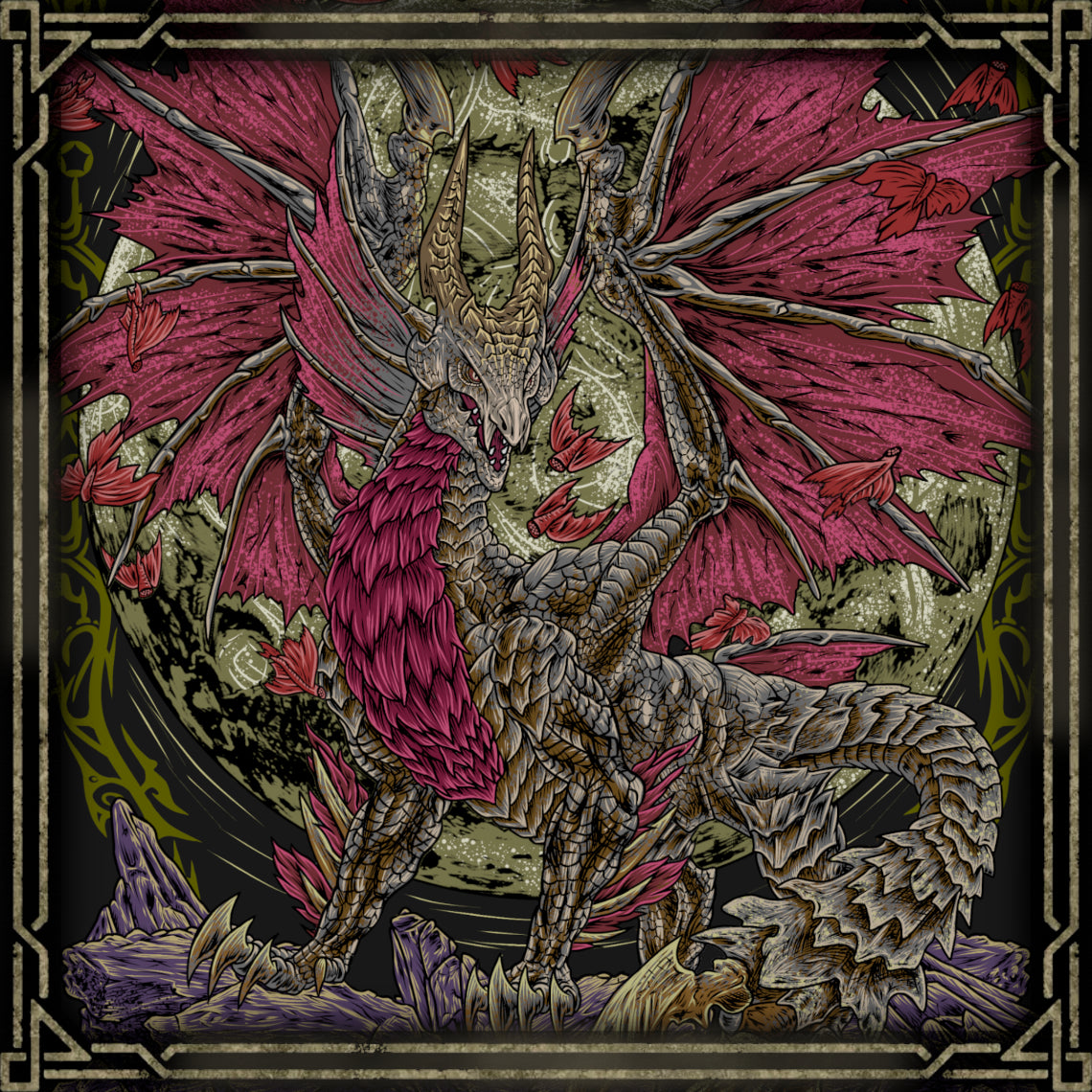 Wallpaper of Malzeno the Vampire Dragon. Malzeno is an ancient Elder Dragon whose existence became intertwined with the parasitic Qurio. Residing in a ruined castle, the monster uses the Qurio to drain life energy from its victims and can enter an empowered Bloodening state after absorbing enough energy. Its graceful movements, crimson attacks, and sinister connection to the Qurio make Malzeno one of the most memorable monsters introduced in Monster Hunter Rise: Sunbreak.
