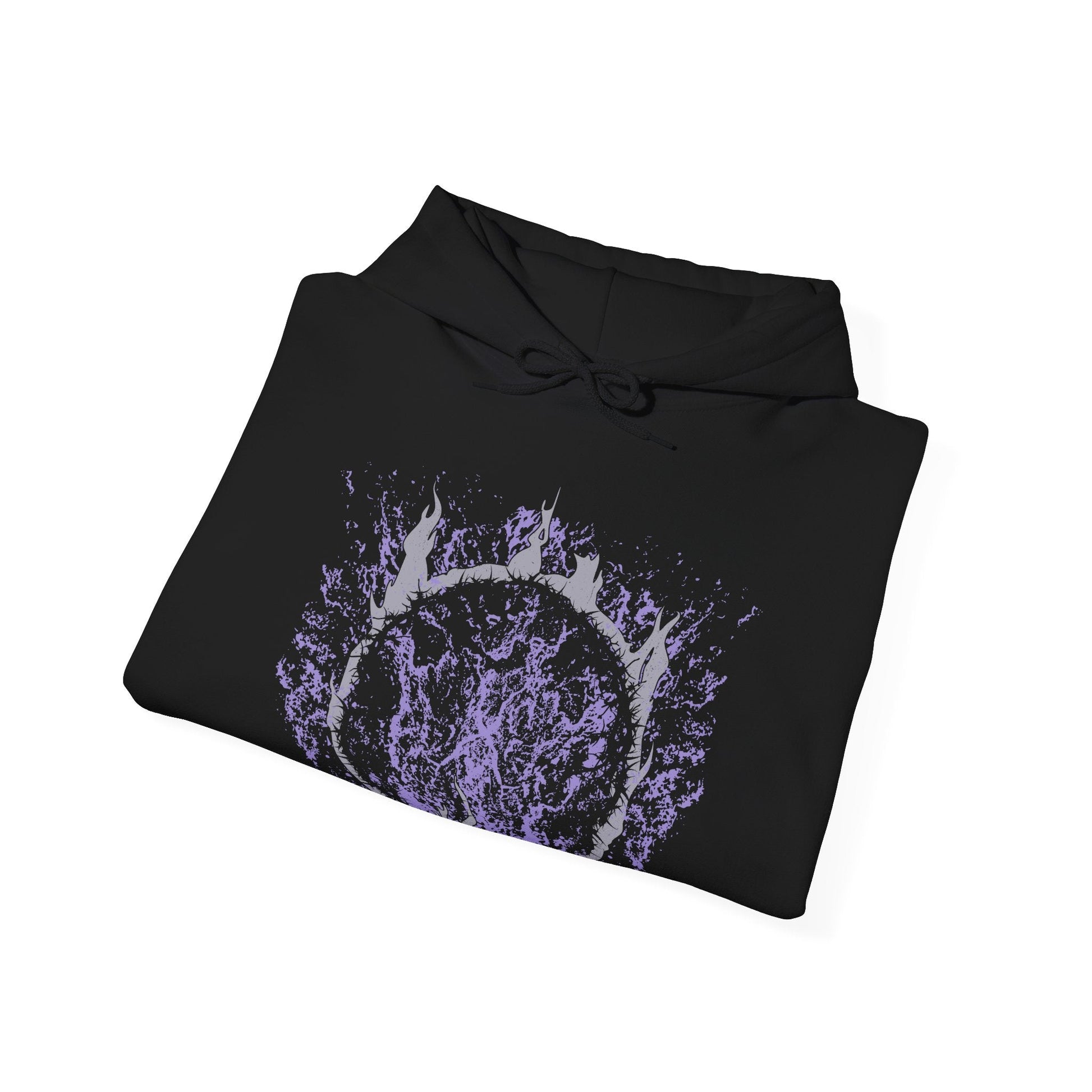 Image 6 of a Hooded Sweatshirt showcasing Manus, the Father of the Abyss, a corrupted being born of humanity gone mad in Dark Souls. His monstrous arm and voidlike presence symbolize the destructive hunger of unbound emotion. This artwork channels the sorrow and fury that drove him to consume the kingdom of Oolacile in darkness.