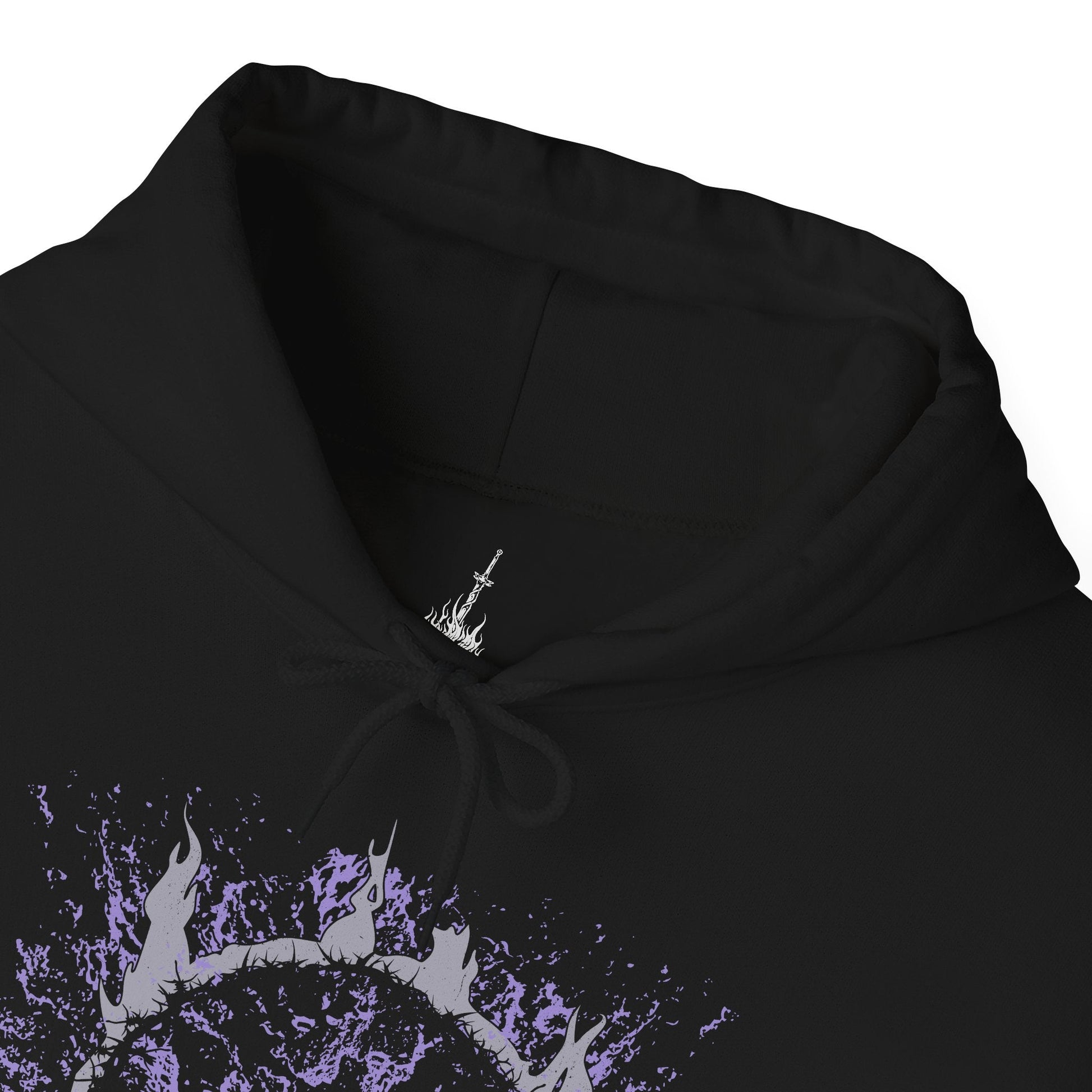 Folded Hooded Sweatshirt showcasing Manus, the Father of the Abyss, a corrupted being born of humanity gone mad in Dark Souls. His monstrous arm and voidlike presence symbolize the destructive hunger of unbound emotion. This artwork channels the sorrow and fury that drove him to consume the kingdom of Oolacile in darkness.