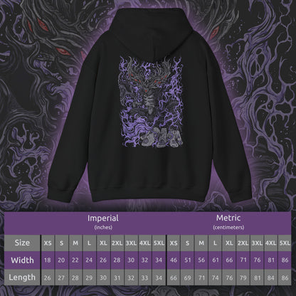 Size chart of a Hooded Sweatshirt showcasing Manus, the Father of the Abyss, a corrupted being born of humanity gone mad in Dark Souls. His monstrous arm and voidlike presence symbolize the destructive hunger of unbound emotion. This artwork channels the sorrow and fury that drove him to consume the kingdom of Oolacile in darkness.