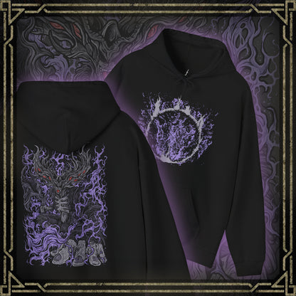 Thumbnail of a Hooded Sweatshirt showcasing Manus, the Father of the Abyss, a corrupted being born of humanity gone mad in Dark Souls. His monstrous arm and voidlike presence symbolize the destructive hunger of unbound emotion. This artwork channels the sorrow and fury that drove him to consume the kingdom of Oolacile in darkness.