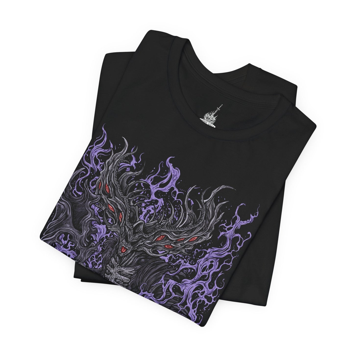 Image 5 of a T-shirt featuring Manus, Father of the Abyss from Dark Souls, the primeval man whose humanity was shattered into darkness. A towering, writhing figure of shadow and rage, Manus unleashed the Abyss upon Oolacile in his frenzied search for his lost pendant. This design captures his terrifying form and tragic origin as the source of the Abyss.