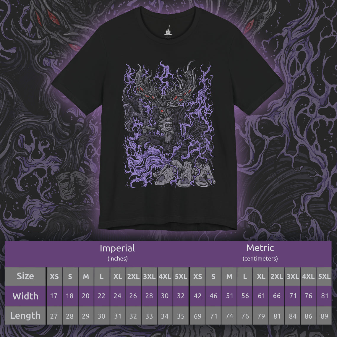 Size chart of a T-shirt featuring Manus, Father of the Abyss from Dark Souls, the primeval man whose humanity was shattered into darkness. A towering, writhing figure of shadow and rage, Manus unleashed the Abyss upon Oolacile in his frenzied search for his lost pendant. This design captures his terrifying form and tragic origin as the source of the Abyss.
