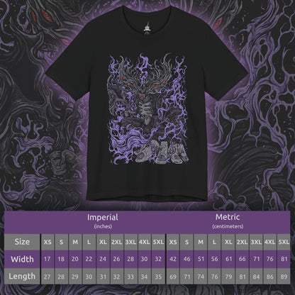 Size chart of a T-shirt featuring Manus, Father of the Abyss from Dark Souls, the primeval man whose humanity was shattered into darkness. A towering, writhing figure of shadow and rage, Manus unleashed the Abyss upon Oolacile in his frenzied search for his lost pendant. This design captures his terrifying form and tragic origin as the source of the Abyss.