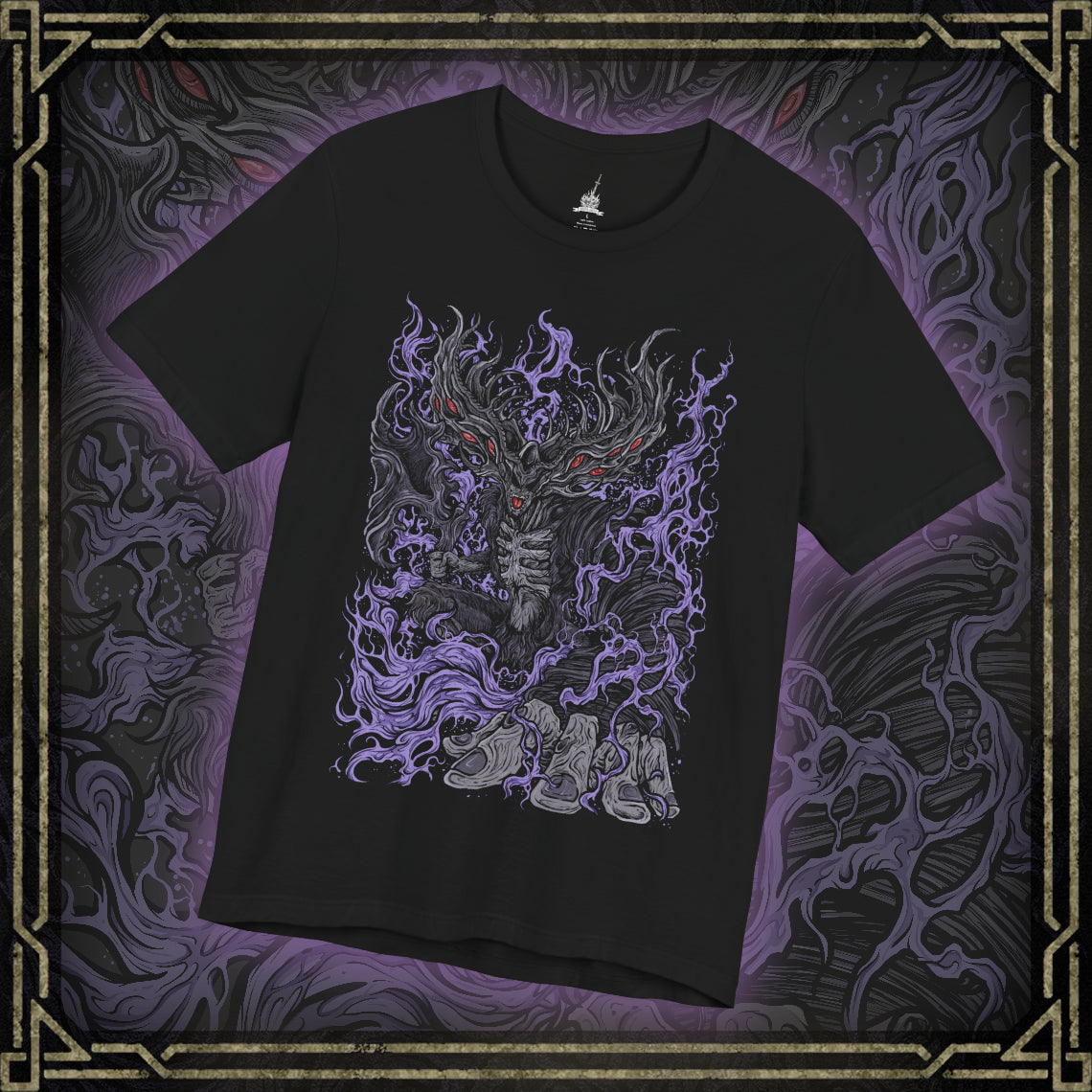 Thumbnail of a T-shirt featuring Manus, Father of the Abyss from Dark Souls, the primeval man whose humanity was shattered into darkness. A towering, writhing figure of shadow and rage, Manus unleashed the Abyss upon Oolacile in his frenzied search for his lost pendant. This design captures his terrifying form and tragic origin as the source of the Abyss.