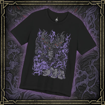 Thumbnail of a T-shirt featuring Manus, Father of the Abyss from Dark Souls, the primeval man whose humanity was shattered into darkness. A towering, writhing figure of shadow and rage, Manus unleashed the Abyss upon Oolacile in his frenzied search for his lost pendant. This design captures his terrifying form and tragic origin as the source of the Abyss.