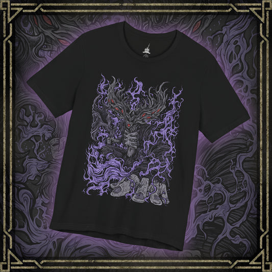 Thumbnail of a T-shirt featuring Manus, Father of the Abyss from Dark Souls, the primeval man whose humanity was shattered into darkness. A towering, writhing figure of shadow and rage, Manus unleashed the Abyss upon Oolacile in his frenzied search for his lost pendant. This design captures his terrifying form and tragic origin as the source of the Abyss.