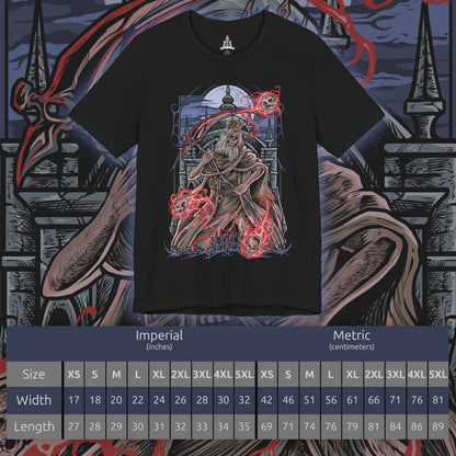 Size chart of a T-Shirt artwork depicting Martyr Logarius unleashing powerful arcane sorcery across the rooftops of Cainhurst Castle, spectral blades and cursed skulls filling the blizzard-dark sky. Ancient gothic spires rise behind him as frost covers the battlefield. This design reflects his relentless crusade against the Vilebloods, his mastery of forbidden magic, and the tragic fate that bound him to an endless watch.