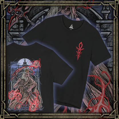 Thumbnail of a T-Shirt artwork depicting Martyr Logarius unleashing powerful arcane sorcery across the rooftops of Cainhurst Castle, spectral blades and cursed skulls filling the blizzard-dark sky. Ancient gothic spires rise behind him as frost covers the battlefield. This design reflects his relentless crusade against the Vilebloods, his mastery of forbidden magic, and the tragic fate that bound him to an endless watch.