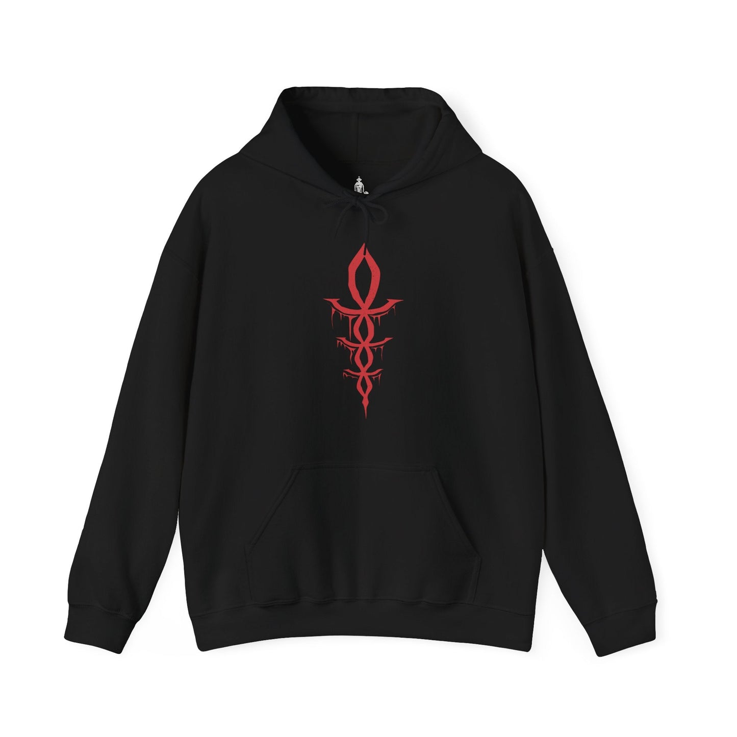 Image 4 of a Hooded Sweatshirt of Martyr Logarius levitating above the snow-covered battlements of Cainhurst, wielding his scythe and arcane catalyst as crimson energy radiates outward. The castle's towering architecture disappears into the storm behind him while spectral projectiles orbit his form. The composition emphasizes sacrifice, fanatic devotion, and the haunting grandeur of one of Bloodborne's most memorable and tragic guardians.