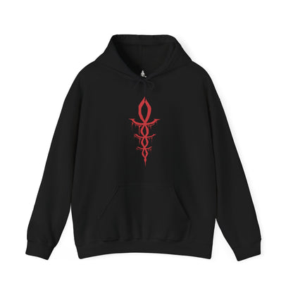 Image 4 of a Hooded Sweatshirt of Martyr Logarius levitating above the snow-covered battlements of Cainhurst, wielding his scythe and arcane catalyst as crimson energy radiates outward. The castle's towering architecture disappears into the storm behind him while spectral projectiles orbit his form. The composition emphasizes sacrifice, fanatic devotion, and the haunting grandeur of one of Bloodborne's most memorable and tragic guardians.