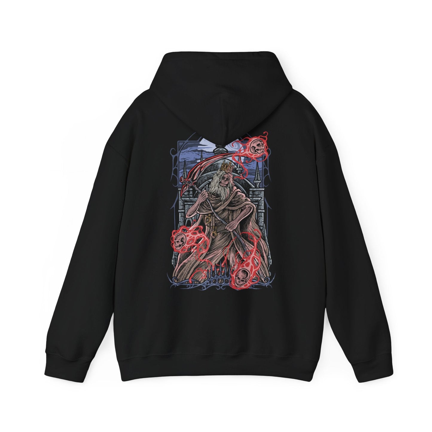 Image 5 of a Hooded Sweatshirt of Martyr Logarius levitating above the snow-covered battlements of Cainhurst, wielding his scythe and arcane catalyst as crimson energy radiates outward. The castle's towering architecture disappears into the storm behind him while spectral projectiles orbit his form. The composition emphasizes sacrifice, fanatic devotion, and the haunting grandeur of one of Bloodborne's most memorable and tragic guardians.