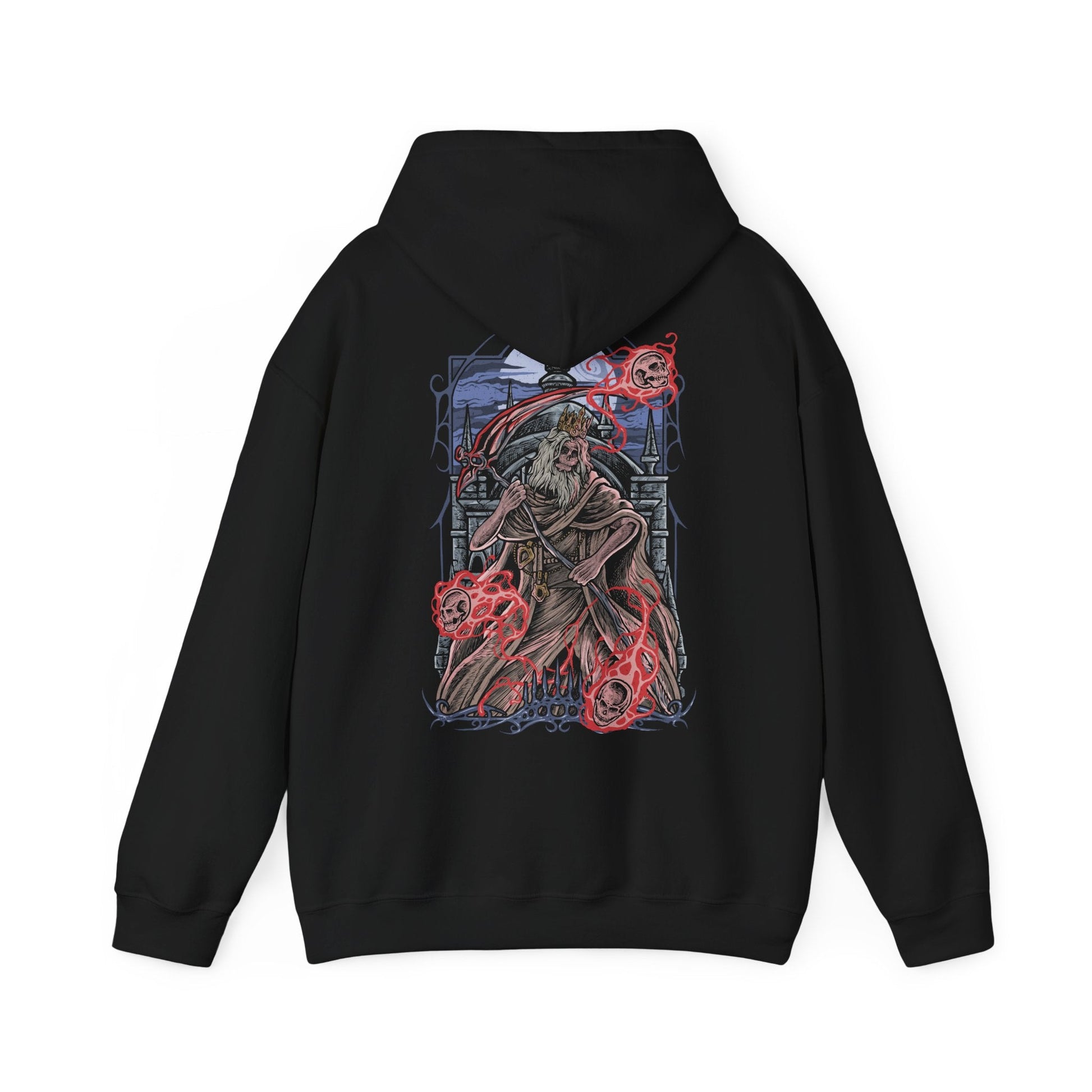 Image 5 of a Hooded Sweatshirt of Martyr Logarius levitating above the snow-covered battlements of Cainhurst, wielding his scythe and arcane catalyst as crimson energy radiates outward. The castle's towering architecture disappears into the storm behind him while spectral projectiles orbit his form. The composition emphasizes sacrifice, fanatic devotion, and the haunting grandeur of one of Bloodborne's most memorable and tragic guardians.