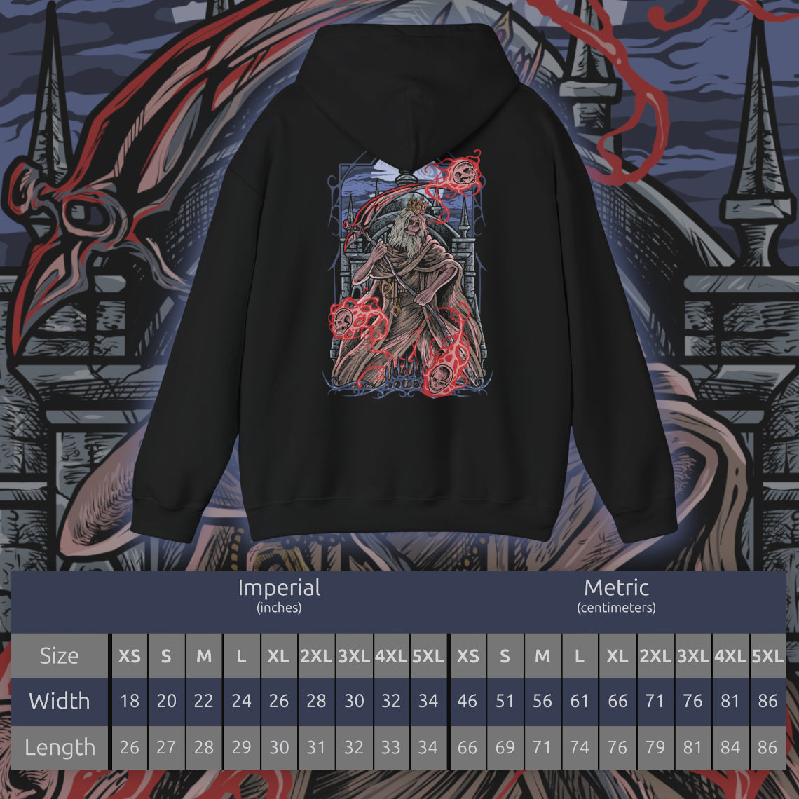 Size chart of a Hooded Sweatshirt of Martyr Logarius levitating above the snow-covered battlements of Cainhurst, wielding his scythe and arcane catalyst as crimson energy radiates outward. The castle's towering architecture disappears into the storm behind him while spectral projectiles orbit his form. The composition emphasizes sacrifice, fanatic devotion, and the haunting grandeur of one of Bloodborne's most memorable and tragic guardians.