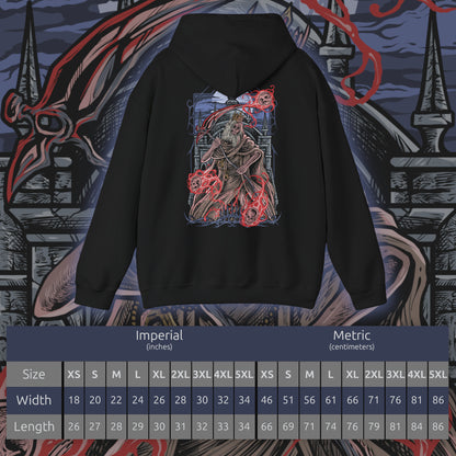 Size chart of a Hooded Sweatshirt of Martyr Logarius levitating above the snow-covered battlements of Cainhurst, wielding his scythe and arcane catalyst as crimson energy radiates outward. The castle's towering architecture disappears into the storm behind him while spectral projectiles orbit his form. The composition emphasizes sacrifice, fanatic devotion, and the haunting grandeur of one of Bloodborne's most memorable and tragic guardians.