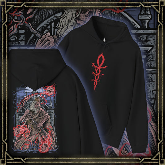 Thumbnail of a Hooded Sweatshirt of Martyr Logarius levitating above the snow-covered battlements of Cainhurst, wielding his scythe and arcane catalyst as crimson energy radiates outward. The castle's towering architecture disappears into the storm behind him while spectral projectiles orbit his form. The composition emphasizes sacrifice, fanatic devotion, and the haunting grandeur of one of Bloodborne's most memorable and tragic guardians.