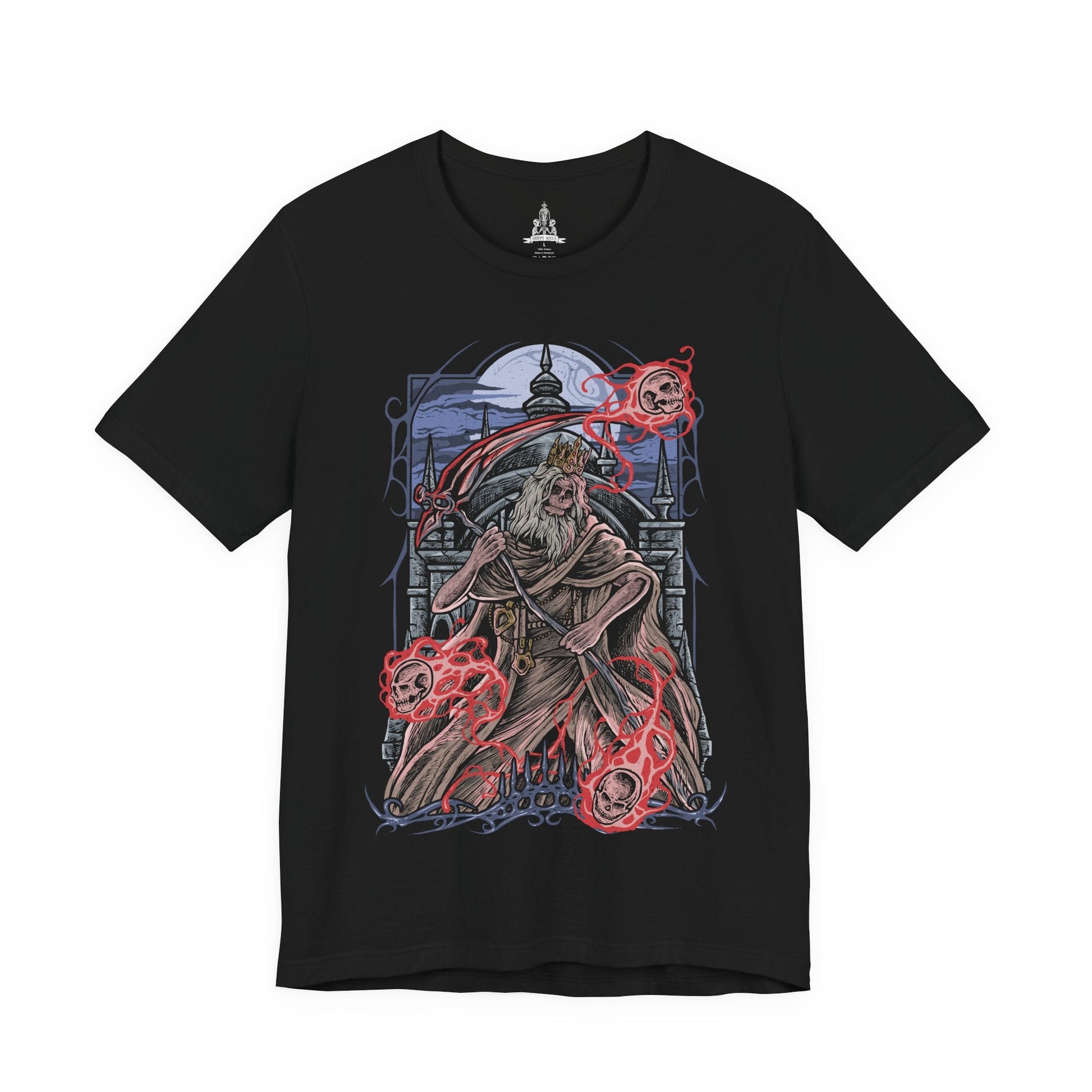 Image 4 of a T-Shirt design of Martyr Logarius from Bloodborne, standing atop the frozen rooftop of Cainhurst Castle as snow and arcane energy swirl through the air. His tattered robes and crown flutter in the storm while spectral skulls and crimson magic gather around his staff. The design captures the legendary executioner’s eternal vigil, guarding the secrets of Cainhurst through sacrifice and unwavering devotion.