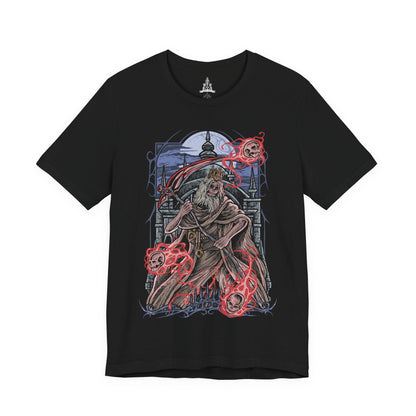 Image 4 of a T-Shirt design of Martyr Logarius from Bloodborne, standing atop the frozen rooftop of Cainhurst Castle as snow and arcane energy swirl through the air. His tattered robes and crown flutter in the storm while spectral skulls and crimson magic gather around his staff. The design captures the legendary executioner’s eternal vigil, guarding the secrets of Cainhurst through sacrifice and unwavering devotion.