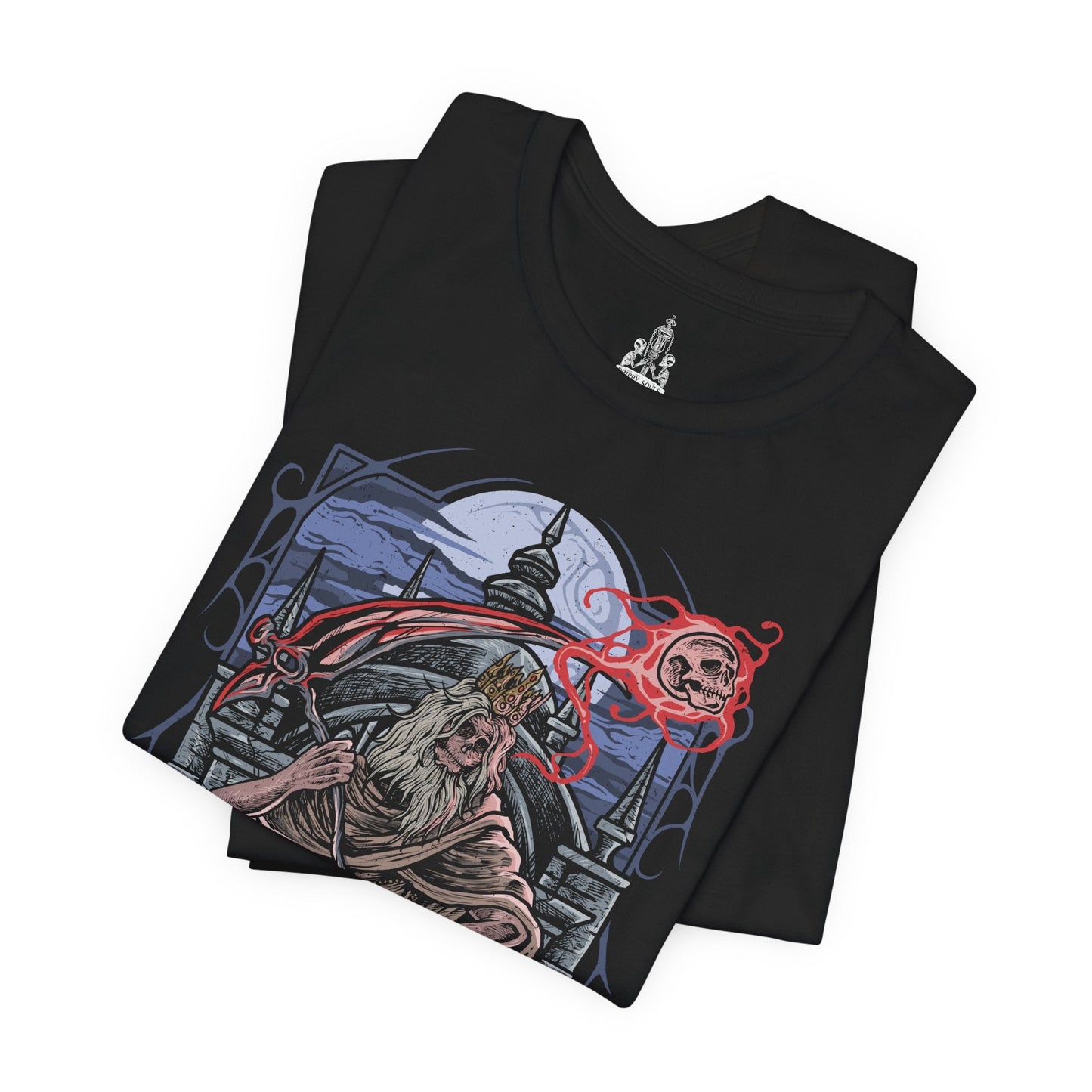 Image 5 of a T-Shirt design of Martyr Logarius from Bloodborne, standing atop the frozen rooftop of Cainhurst Castle as snow and arcane energy swirl through the air. His tattered robes and crown flutter in the storm while spectral skulls and crimson magic gather around his staff. The design captures the legendary executioner’s eternal vigil, guarding the secrets of Cainhurst through sacrifice and unwavering devotion.