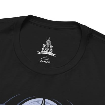 Folded T-Shirt design of Martyr Logarius from Bloodborne, standing atop the frozen rooftop of Cainhurst Castle as snow and arcane energy swirl through the air. His tattered robes and crown flutter in the storm while spectral skulls and crimson magic gather around his staff. The design captures the legendary executioner’s eternal vigil, guarding the secrets of Cainhurst through sacrifice and unwavering devotion.