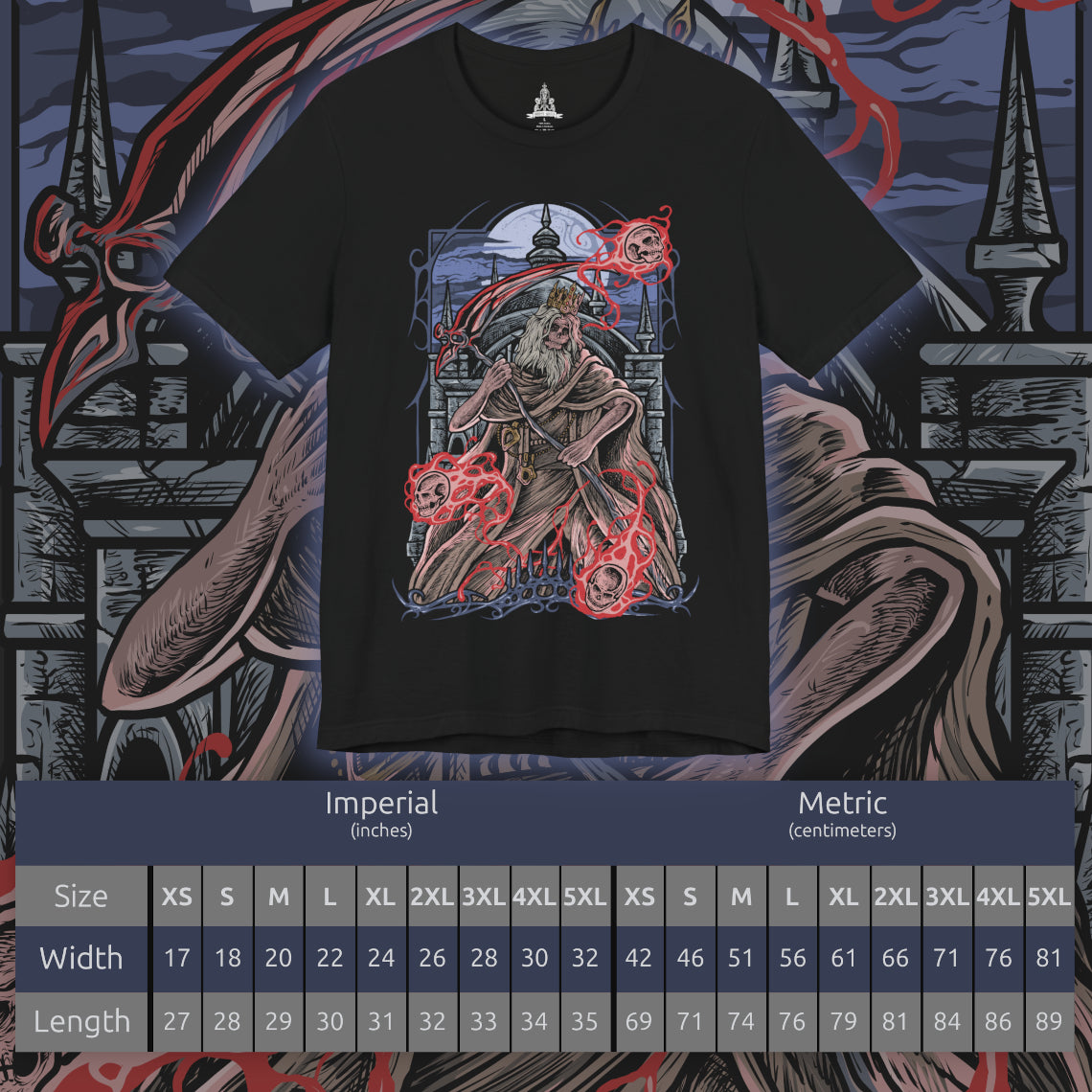 Size chart of a T-Shirt design of Martyr Logarius from Bloodborne, standing atop the frozen rooftop of Cainhurst Castle as snow and arcane energy swirl through the air. His tattered robes and crown flutter in the storm while spectral skulls and crimson magic gather around his staff. The design captures the legendary executioner’s eternal vigil, guarding the secrets of Cainhurst through sacrifice and unwavering devotion.