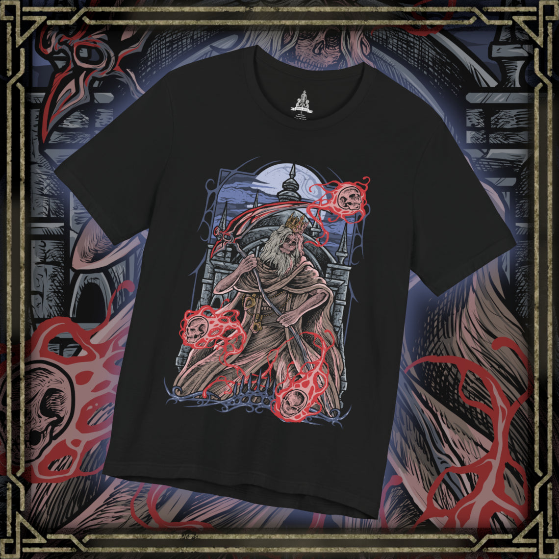 Thumbnail of a T-Shirt design of Martyr Logarius from Bloodborne, standing atop the frozen rooftop of Cainhurst Castle as snow and arcane energy swirl through the air. His tattered robes and crown flutter in the storm while spectral skulls and crimson magic gather around his staff. The design captures the legendary executioner’s eternal vigil, guarding the secrets of Cainhurst through sacrifice and unwavering devotion.