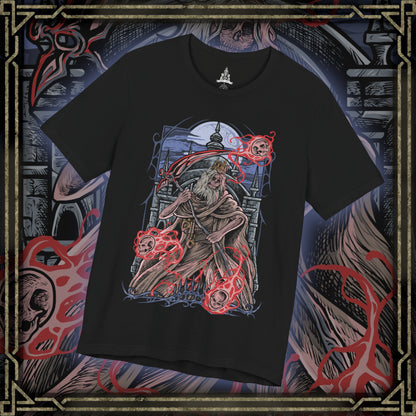 Thumbnail of a T-Shirt design of Martyr Logarius from Bloodborne, standing atop the frozen rooftop of Cainhurst Castle as snow and arcane energy swirl through the air. His tattered robes and crown flutter in the storm while spectral skulls and crimson magic gather around his staff. The design captures the legendary executioner’s eternal vigil, guarding the secrets of Cainhurst through sacrifice and unwavering devotion.