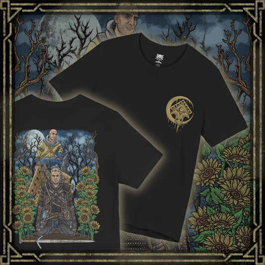 Thumbnail of a T-shirt artwork depicting Gaunter O’Dimm at a lonely crossroads, lantern light casting long shadows across cracked earth and withered trees. Villages lie silent in the distance as reality bends subtly around him, hinting at his godlike power over time and causality. This design reflects the terror of temptation, the danger of deals made in desperation, and the inevitability of O’Dimm’s judgment.
