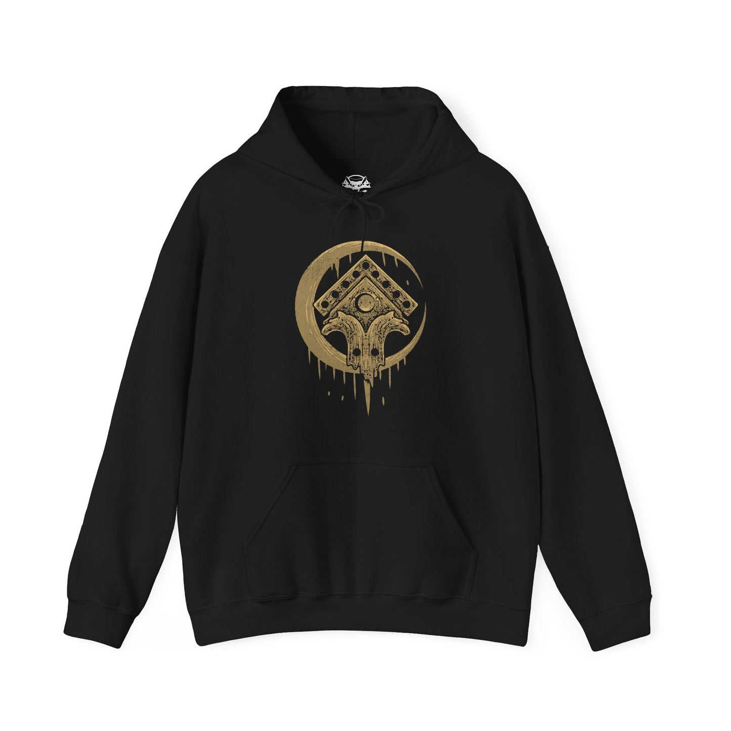 Image 4 of a Hooded Sweatshirt of Gaunter O’Dimm waiting at the crossroads, his reflection fractured in broken mirrors scattered across the ground. Clocks stand still as crows circle overhead, symbolizing his dominion over time and consequence. The design emphasizes the quiet horror of encountering a being who needs no weapons, only words, to damn souls and reshape destiny.