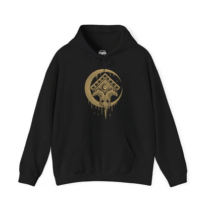 Image 4 of a Hooded Sweatshirt of Gaunter O’Dimm waiting at the crossroads, his reflection fractured in broken mirrors scattered across the ground. Clocks stand still as crows circle overhead, symbolizing his dominion over time and consequence. The design emphasizes the quiet horror of encountering a being who needs no weapons, only words, to damn souls and reshape destiny.