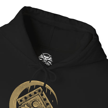 Folded Hooded Sweatshirt of Gaunter O’Dimm waiting at the crossroads, his reflection fractured in broken mirrors scattered across the ground. Clocks stand still as crows circle overhead, symbolizing his dominion over time and consequence. The design emphasizes the quiet horror of encountering a being who needs no weapons, only words, to damn souls and reshape destiny.