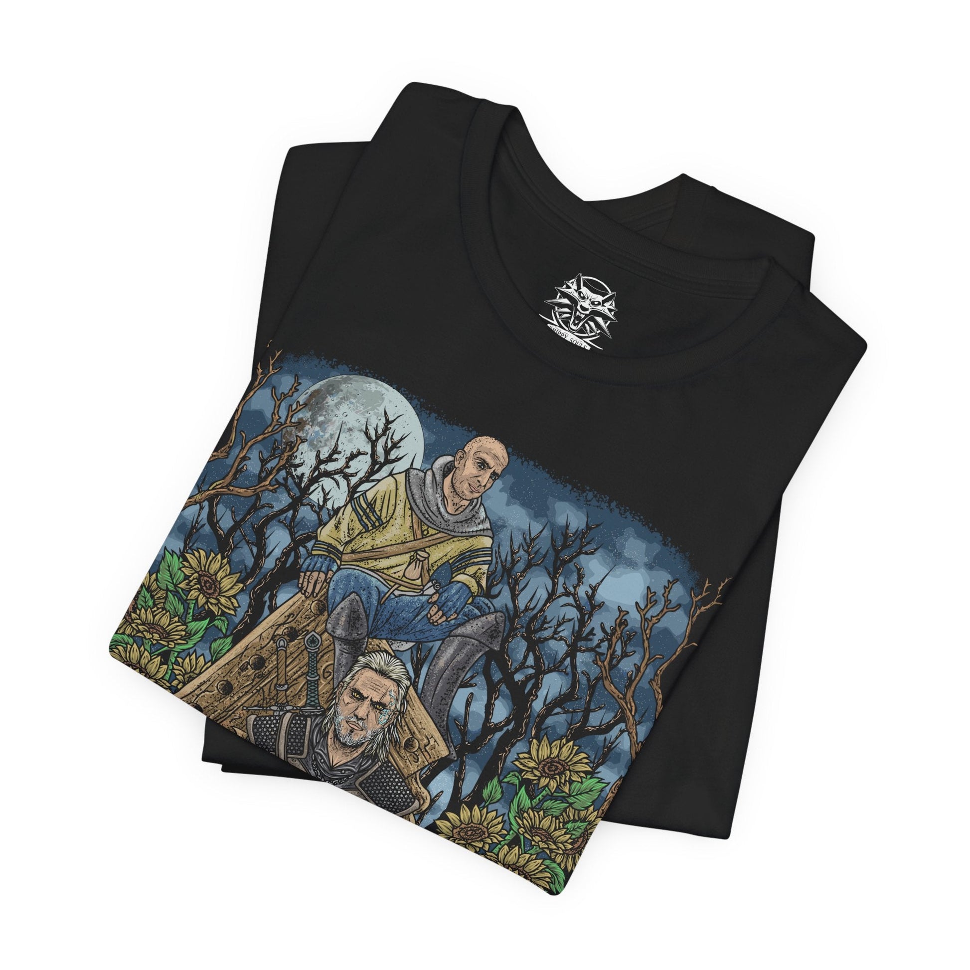 Image 5 of a T-shirt design of Gaunter O’Dimm from The Witcher 3, standing calmly at a desolate crossroads beneath a moonlit sky. With a faint smile and hollow eyes, he appears as an ordinary traveler while time itself seems frozen around him. The design captures his true nature as Master Mirror, a primordial force that grants wishes, twists fate, and collects souls through cruel, inescapable bargains.