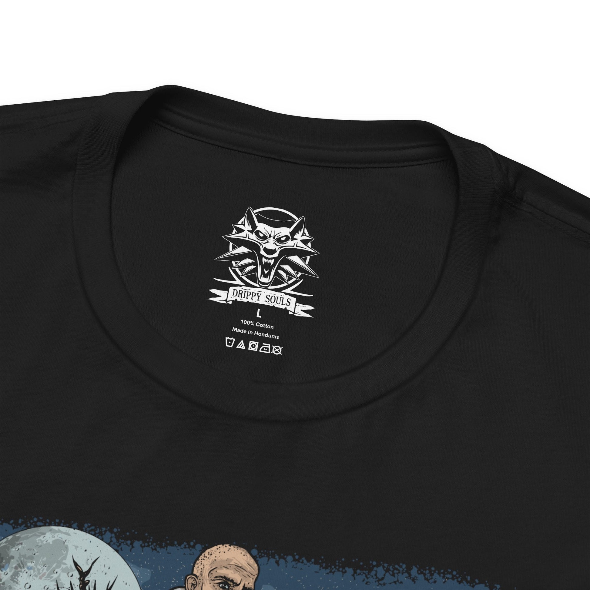 Folded T-shirt design of Gaunter O’Dimm from The Witcher 3, standing calmly at a desolate crossroads beneath a moonlit sky. With a faint smile and hollow eyes, he appears as an ordinary traveler while time itself seems frozen around him. The design captures his true nature as Master Mirror, a primordial force that grants wishes, twists fate, and collects souls through cruel, inescapable bargains.
