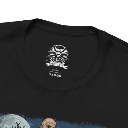 Folded T-shirt design of Gaunter O’Dimm from The Witcher 3, standing calmly at a desolate crossroads beneath a moonlit sky. With a faint smile and hollow eyes, he appears as an ordinary traveler while time itself seems frozen around him. The design captures his true nature as Master Mirror, a primordial force that grants wishes, twists fate, and collects souls through cruel, inescapable bargains.