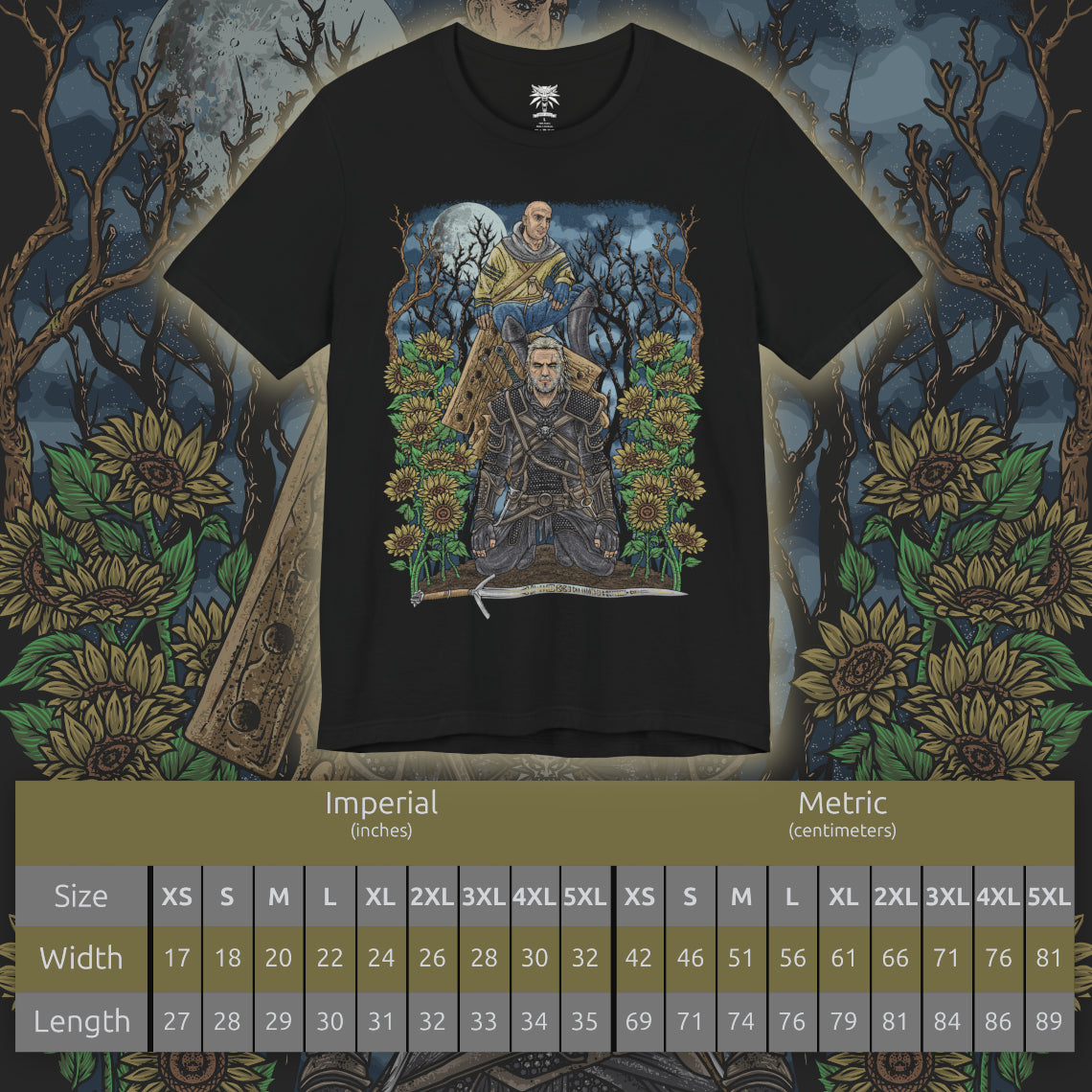 Size chart of a T-shirt design of Gaunter O’Dimm from The Witcher 3, standing calmly at a desolate crossroads beneath a moonlit sky. With a faint smile and hollow eyes, he appears as an ordinary traveler while time itself seems frozen around him. The design captures his true nature as Master Mirror, a primordial force that grants wishes, twists fate, and collects souls through cruel, inescapable bargains.
