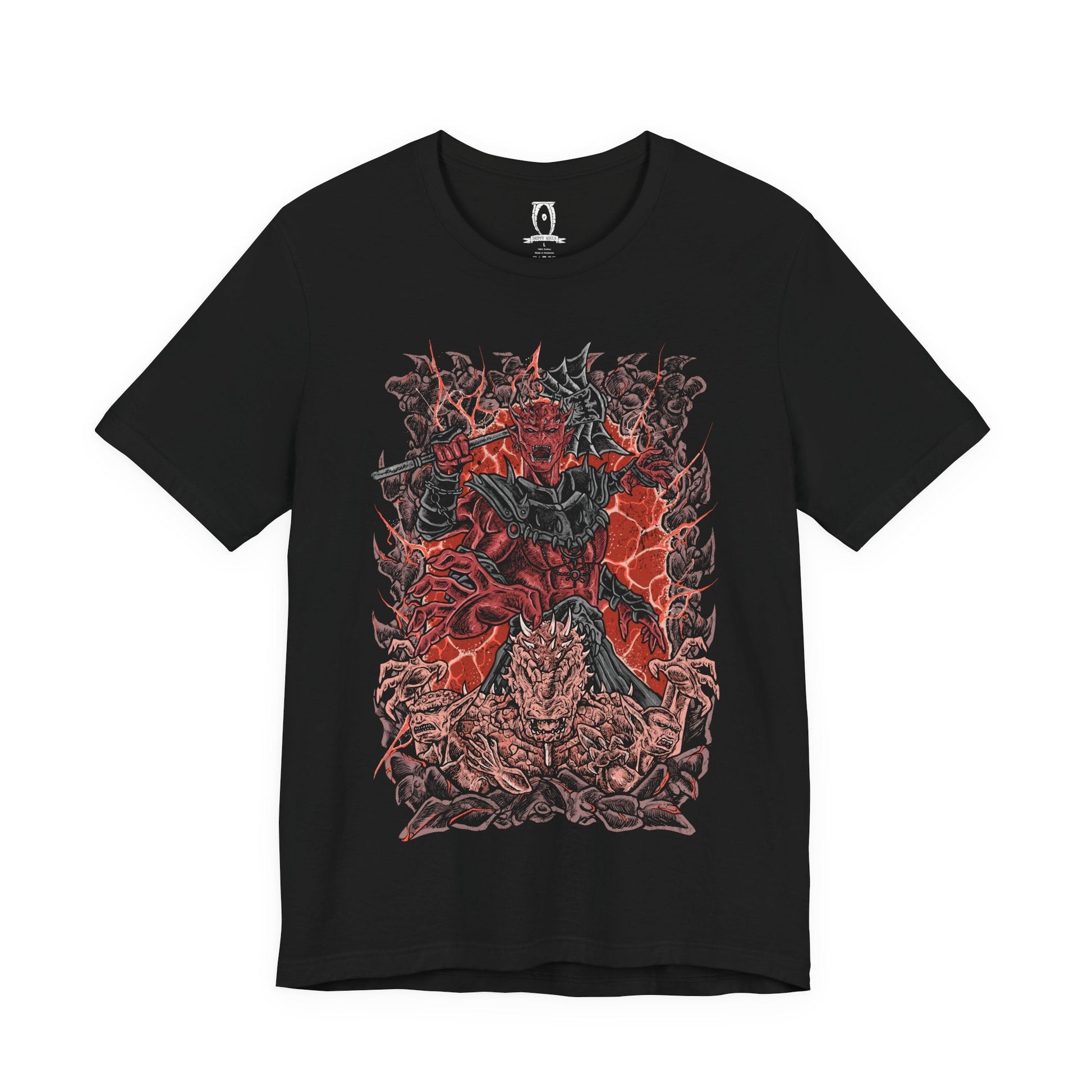 Image 4 of a T-shirt design of Mehrunes Dagon erupting from a towering Oblivion Gate, wreathed in infernal fire and molten stone. His four-armed Daedric form looms above Cyrodiil, armored plates glowing with helllight as the Mythic Dawn’s catastrophic ritual tears reality apart and floods the world with Oblivion’s wrath.