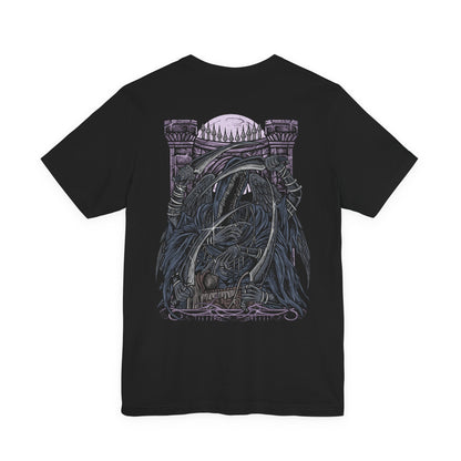 Image 5 of a T-Shirt artwork depicting Mergo's Wet Nurse enveloped in swirling darkness, her many spectral arms extending in every direction as crescent blades gleam through the crimson moonlight. Shadows consume the battlefield while an eerie purple aura distorts reality around her. This design reflects the unknowable nature of the Great Ones, the terror of the Nightmare, and the relentless guardian protecting the unseen infant Mergo.