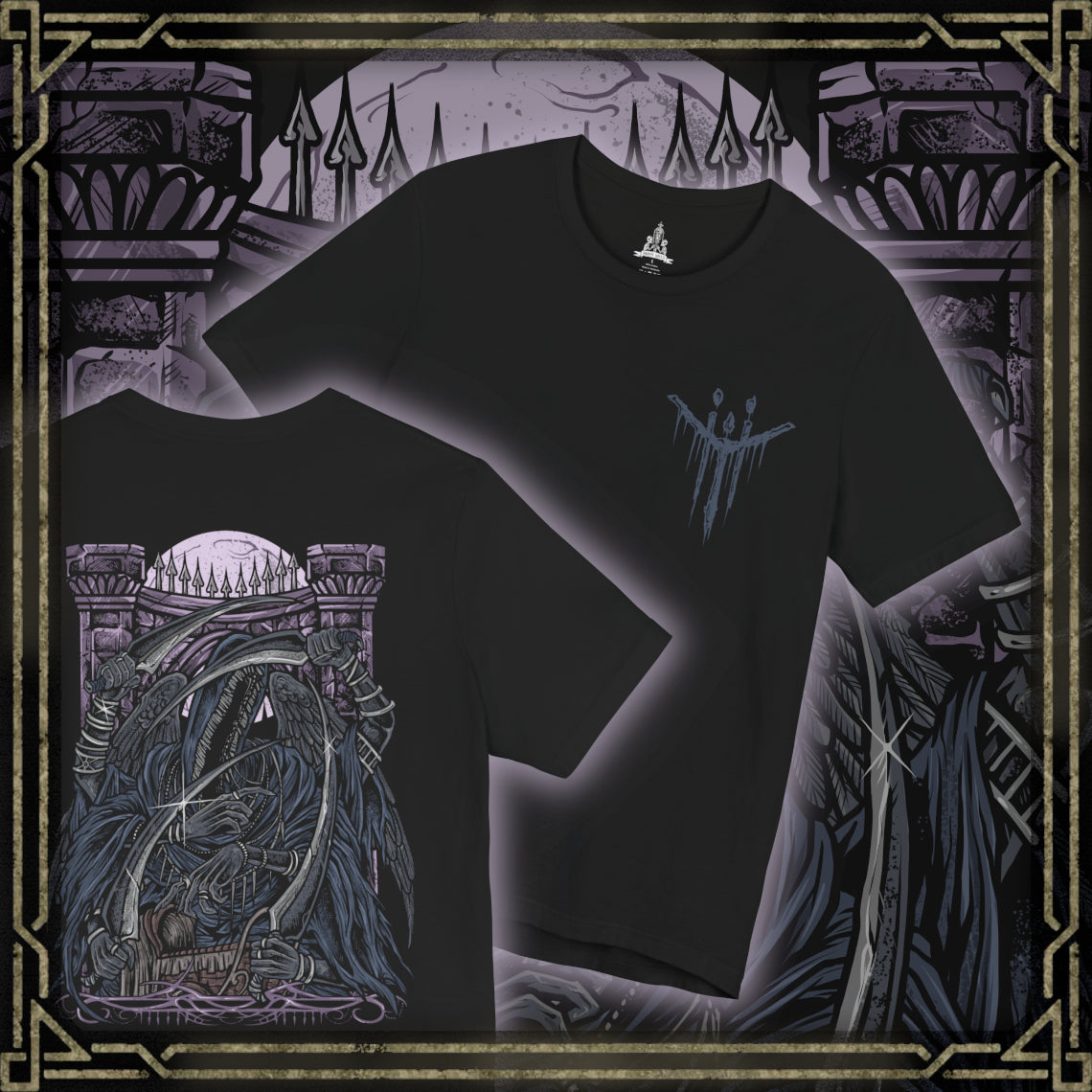 Thumbnail of a T-Shirt artwork depicting Mergo's Wet Nurse enveloped in swirling darkness, her many spectral arms extending in every direction as crescent blades gleam through the crimson moonlight. Shadows consume the battlefield while an eerie purple aura distorts reality around her. This design reflects the unknowable nature of the Great Ones, the terror of the Nightmare, and the relentless guardian protecting the unseen infant Mergo.