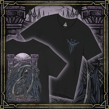 Thumbnail of a T-Shirt artwork depicting Mergo's Wet Nurse enveloped in swirling darkness, her many spectral arms extending in every direction as crescent blades gleam through the crimson moonlight. Shadows consume the battlefield while an eerie purple aura distorts reality around her. This design reflects the unknowable nature of the Great Ones, the terror of the Nightmare, and the relentless guardian protecting the unseen infant Mergo.