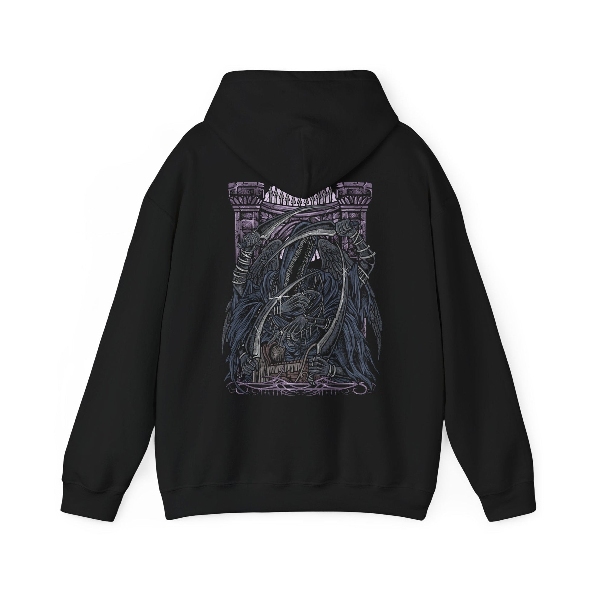 Image 5 of a Hooded Sweatshirt of Mergo's Wet Nurse standing within the nightmare realm beneath the crimson Blood Moon, her faceless silhouette concealed by flowing black robes while countless bladed arms emerge from the darkness. Ethereal mist coils across the ground as reality fractures around her supernatural presence. The composition emphasizes eldritch mystery, otherworldly power, and the unforgettable cosmic horror of one of Bloodborne's most iconic Great One guardians.