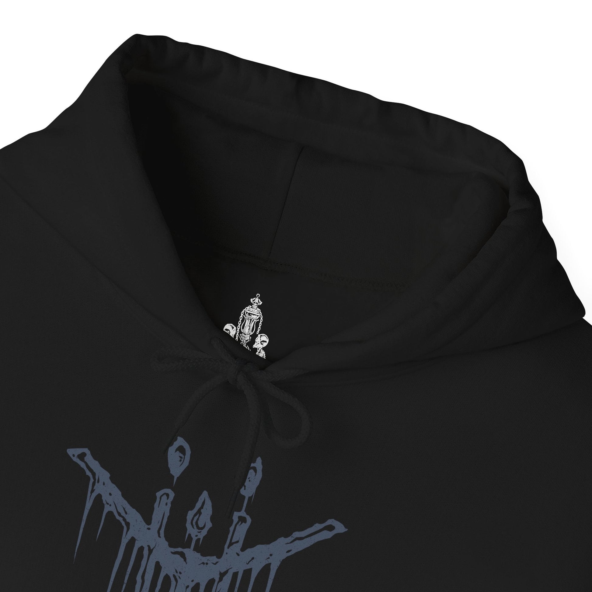 Folded Hooded Sweatshirt of Mergo's Wet Nurse standing within the nightmare realm beneath the crimson Blood Moon, her faceless silhouette concealed by flowing black robes while countless bladed arms emerge from the darkness. Ethereal mist coils across the ground as reality fractures around her supernatural presence. The composition emphasizes eldritch mystery, otherworldly power, and the unforgettable cosmic horror of one of Bloodborne's most iconic Great One guardians.