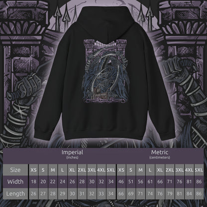 Size chart of a Hooded Sweatshirt of Mergo's Wet Nurse standing within the nightmare realm beneath the crimson Blood Moon, her faceless silhouette concealed by flowing black robes while countless bladed arms emerge from the darkness. Ethereal mist coils across the ground as reality fractures around her supernatural presence. The composition emphasizes eldritch mystery, otherworldly power, and the unforgettable cosmic horror of one of Bloodborne's most iconic Great One guardians.