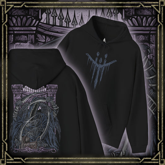 Thumbnail of a Hooded Sweatshirt of Mergo's Wet Nurse standing within the nightmare realm beneath the crimson Blood Moon, her faceless silhouette concealed by flowing black robes while countless bladed arms emerge from the darkness. Ethereal mist coils across the ground as reality fractures around her supernatural presence. The composition emphasizes eldritch mystery, otherworldly power, and the unforgettable cosmic horror of one of Bloodborne's most iconic Great One guardians.