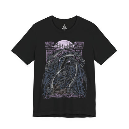 Image 4 of a T-Shirt design of Mergo's Wet Nurse from Bloodborne, emerging from an endless veil of darkness beneath the Blood Moon with multiple elongated arms wielding curved blades. Her flowing black robes dissolve into shadow as purple mist surrounds the nightmare arena. The design captures the mysterious Great One's guardian, embodying cosmic horror, death, and the haunting silence of the Nightmare of Mensis.